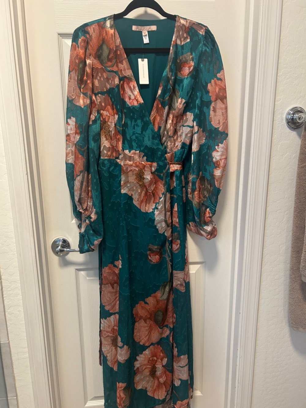 Anthropologie Floral Wrap Maxi Dress in Teal and Coral